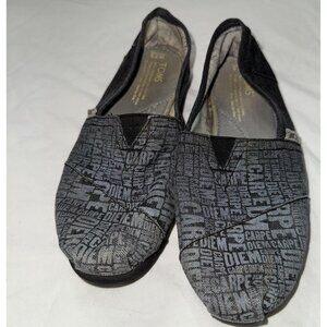 Toms Canvas Shoes Womens Size 7.5 Carpe Diem Black Gray Classic Slip On Flats